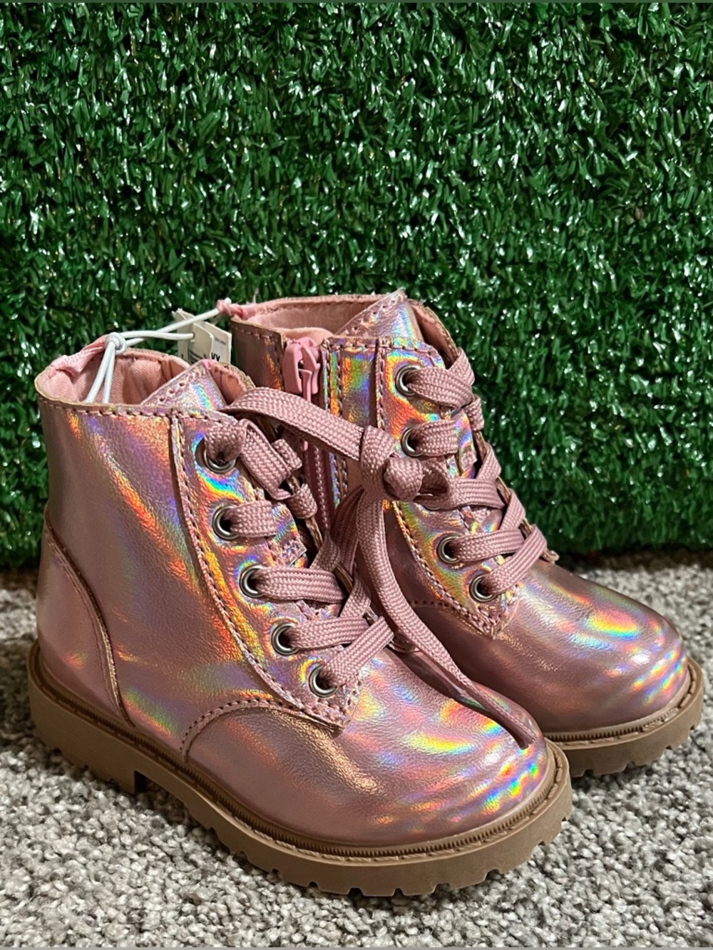 Shiny Faux-Leather Side-Zip Pink Combat Boots for Toddler Girls